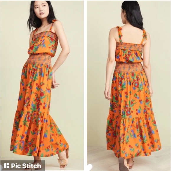 Tory Burch Orange Colorful Smocked Floral Sun Dress - Picture 1 of 7